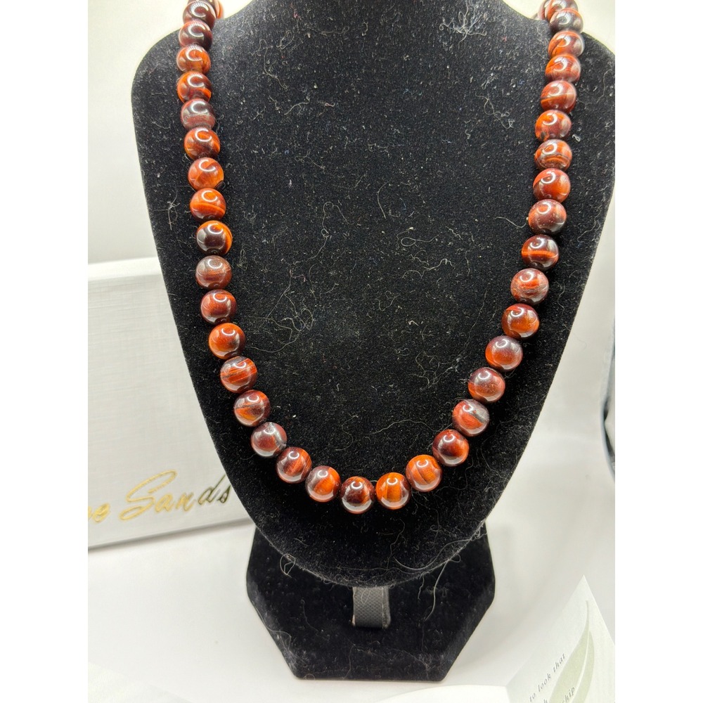 NIB VTG Lee Sands Necklace 23" Red Tiger's Eye Round Bead Classic Gemstone
